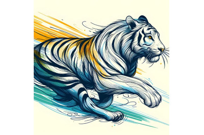 Line art brush stroke running tiger