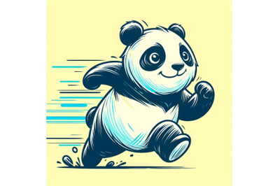 Line art brush stroke running funny panda