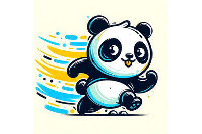 Line art brush stroke running funny panda