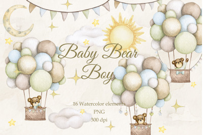 Baby Bear. Boy. Watercolor set PNG.