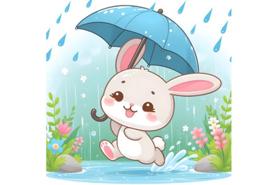 rabbit running in rainy day