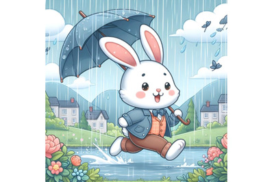 rabbit running in rainy day