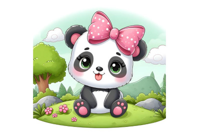 Panda girl with pink bow and sitting on the hill