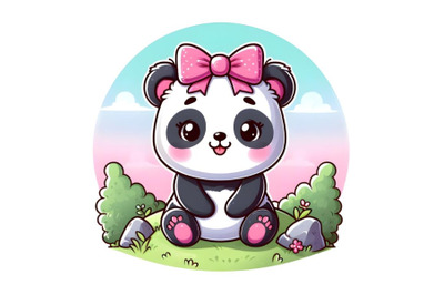 Panda girl with pink bow and sitting on the hill