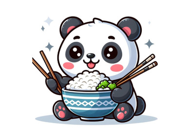 Panda holding a bowl of rice and chopsticks