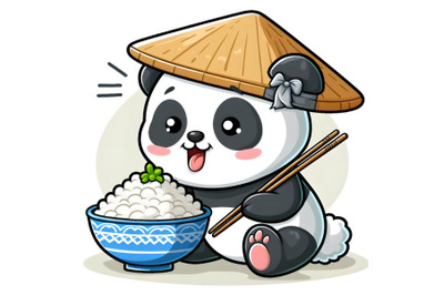 Panda holding a bowl of rice and chopsticks