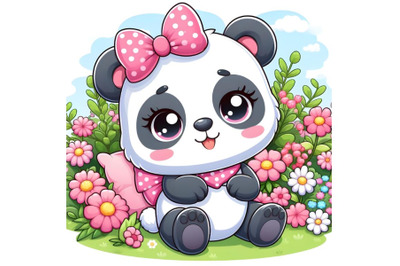 Panda girl with pink bow and sitting on the flowers garden