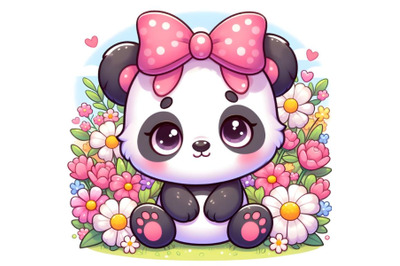 Panda girl with pink bow and sitting on the flowers garden