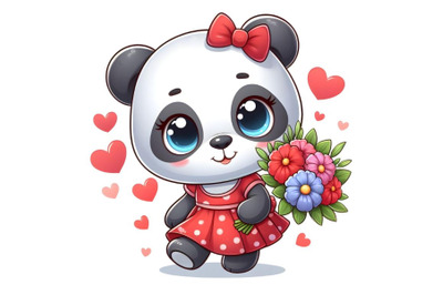 Panda girl in a red dress holding flowers