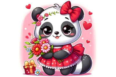 Panda girl in a red dress holding flowers