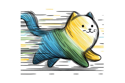 Line art brush stroke running funny cat