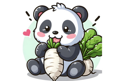 Panda eating white radish