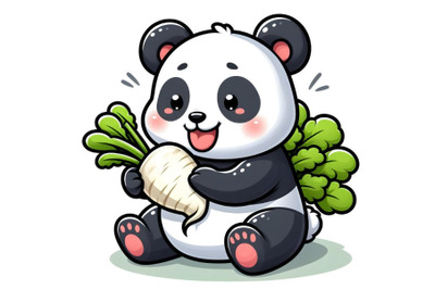 Panda eating white radish