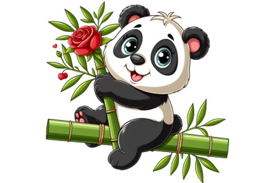 funny baby panda hanging on a bamboo tree