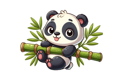 funny baby panda hanging on a bamboo tree