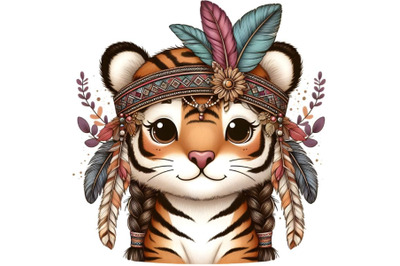 cute tiger in a headdress with feather