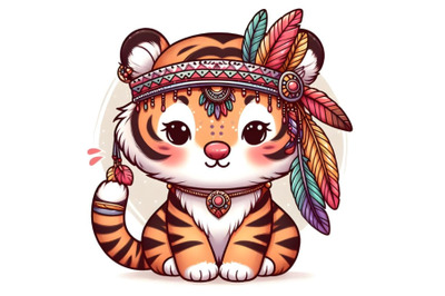 cute tiger in a headdress with feather