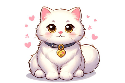 Cute white cat wearing a with gold tag