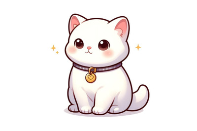 Cute white cat wearing a with gold tag