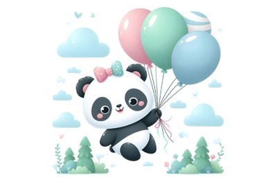 cute panda is flying with the balloons