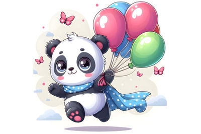 cute panda is flying with the balloons