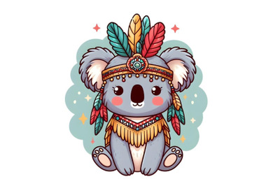 cute koala in a headdress with feather