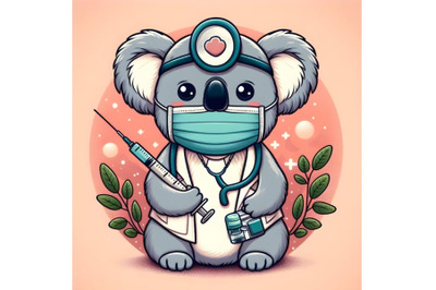 Cute koala doctor wearing mask and holding syringe