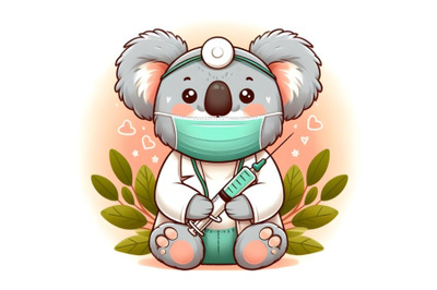 Cute koala doctor wearing mask and holding syringe