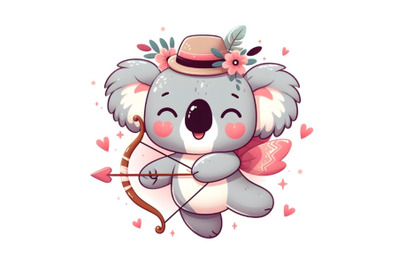 Cute happy cartoon koala cupid with a bow and arrow