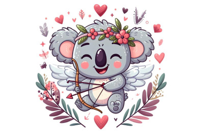 Cute happy cartoon koala cupid with a bow and arrow