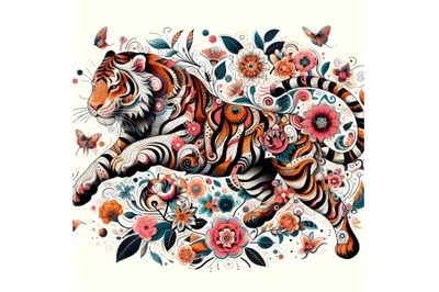 Floral Abstract tiger running