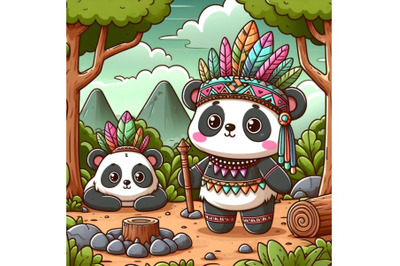 Cute Cartoon tribal Panda in the forest