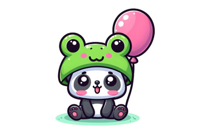 Cute Cartoon Panda in a frog hat with balloon