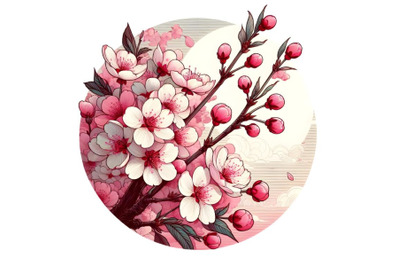 Round banner with blooming pink sakura