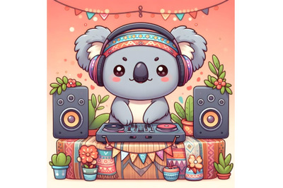 Cute cartoon koala with headphones on a dj station