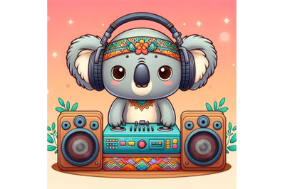 Cute cartoon koala with headphones on a dj station