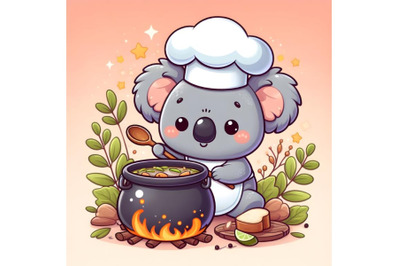 Cute cartoon koala chef cooking soup in a cauldron