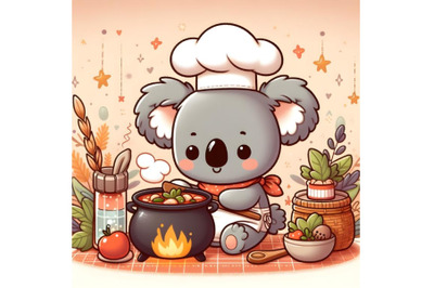 Cute cartoon koala chef cooking soup in a cauldron