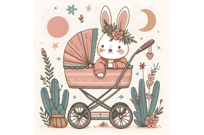 Cute Cartoon hare in stroller