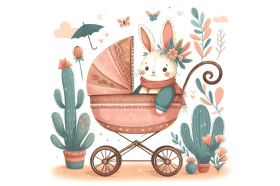 Cute Cartoon hare in stroller