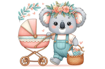 Cute Cartoon koala bear in stroller