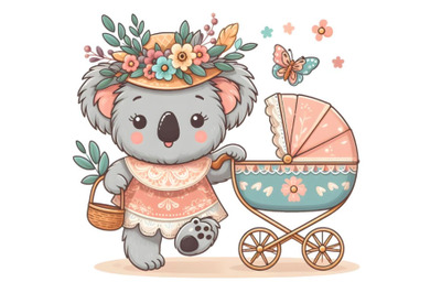 Cute Cartoon koala bear in stroller