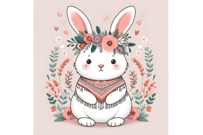 Cute cartoon bunny with a wreath on his head