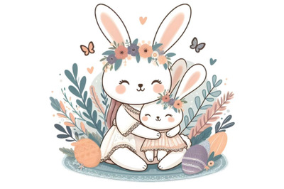 Cute bunny MOM and baby hugging each other