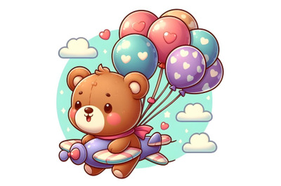 cute bear is flying with the balloons