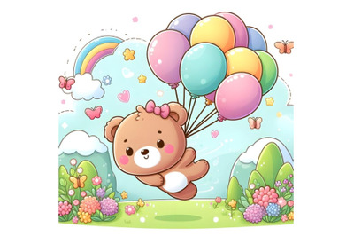 cute bear is flying with the balloons