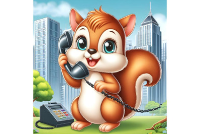 Cute baby Squirrel holding a telephone