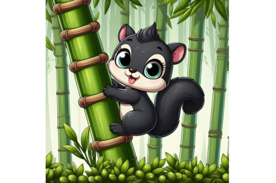 Cute baby black Squirrel tree climbing bamboo