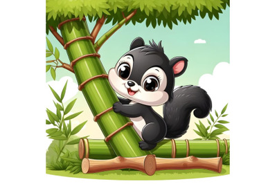 Cute baby black Squirrel tree climbing bamboo