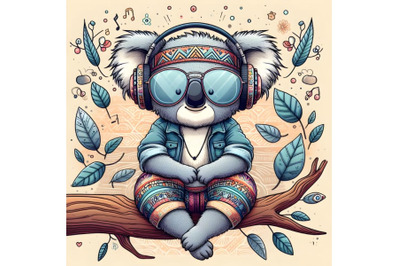 Cool Cartoon Koala in glasses and headphones is sitting on a tree